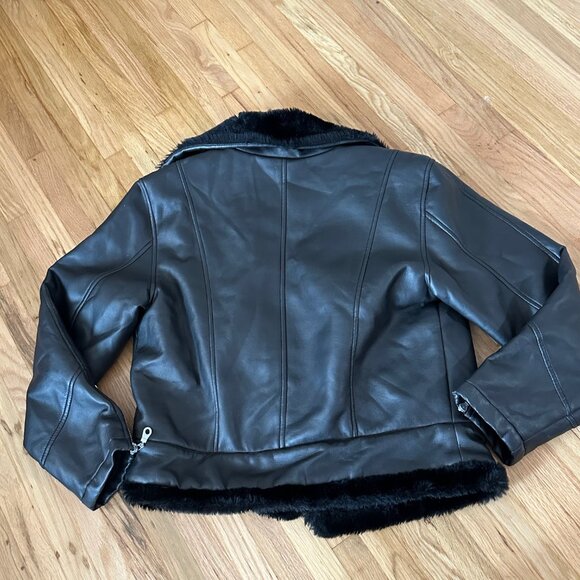 Black Aviator Leather Fur Trim Coat - Picture 4 of 7